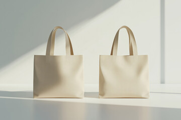 two beige empty blank bags with free copy space in a modern studio interior and scene