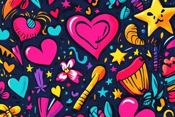 Leinwandbilder - This lively doodle showcases an array of colorful icons, including hearts, stars, and flowers, celebrating fun and imagination. Generative AI