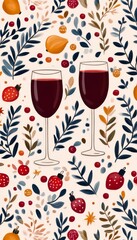 Poster - Two wine glasses surrounded by colorful floral and fruit patterns.