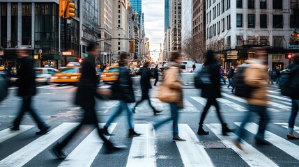 blurred pedestrians crossing a city street