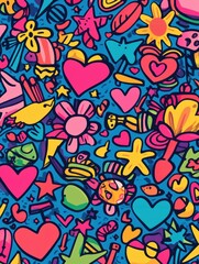 Poster - Colorful doodles featuring various symbols such as stars, hearts, flowers, and arrows create a lively and playful atmosphere. Generative AI