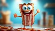 © Design Depot - A lively animated bacon slice with big blue eyes and a wide smile, standing on a surface with blurred bacon pieces in the background, portraying fun and whimsy.