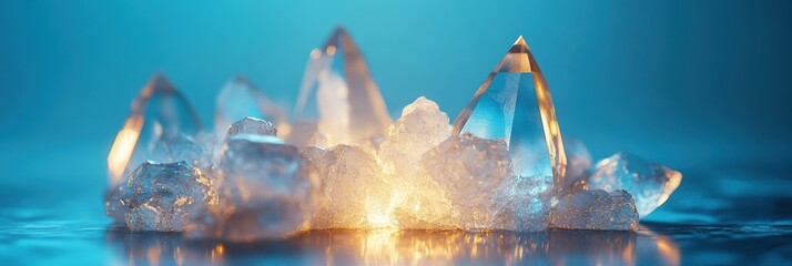 Leinwandbilder - The scene showcases glowing geometric ice crystals reflecting abstract patterns on a soft blue background. Generative AI