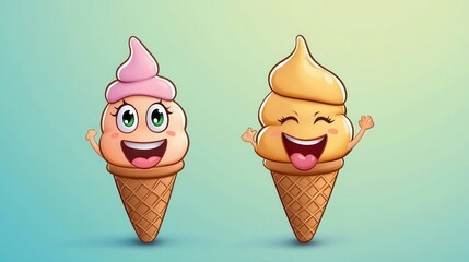 An adorable animated illustration featuring two smiling ice cream cones, capturing the essence of joy and lightheartedness, ideal for vintage-themed fun concepts.