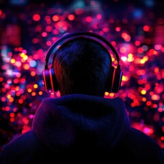 Person enjoying music with headphones in a colorful light environment.