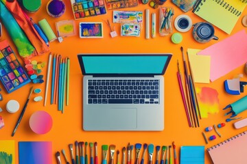 Poster - A bright workspace features a laptop at the center, surrounded by various art supplies, colorful paints, and brushes, inspiring creativity. Generative AI