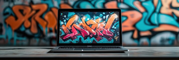 Aufkleber - The vibrant screen of a laptop showcases graffiti art, positioned on a table before a striking urban mural in an artsy environment. Generative AI