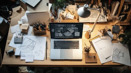 Aufkleber - A laptop sits amidst various sketches and drafting tools, surrounded by a cozy workspace filled with creative materials. Generative AI