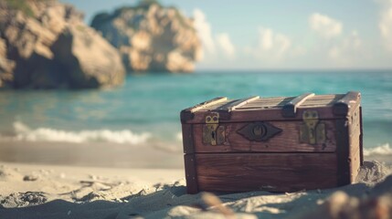 Poster - treasure chest on a beach, ocean background, sand, tropical scenery, sunlight, coastal landscape, vintage style, adventure concept