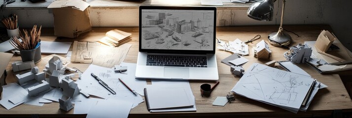 Aufkleber - A bustling workspace with a laptop displaying architectural designs, scattered sketches, models, and various stationery items during the day. Generative AI
