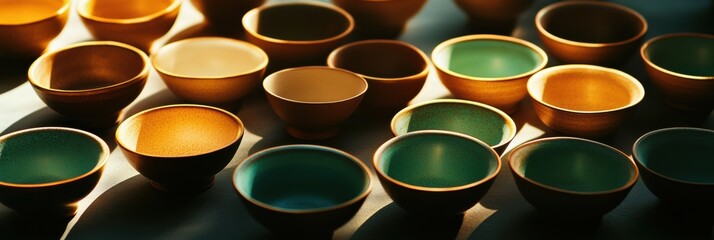 Aufkleber - A collection of warm brown and green tea cups sits arranged together, illuminated by soft natural light for a relaxing atmosphere. Generative AI
