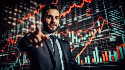 Very realistic photo of a businessman confidently pointing at a bar graph's growing arrow with stock market statistics behind him A symbol of business growth and success Styled like a high-end