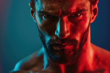 Wall Mural - muscular man with a sharp gaze and a strong body, solid color background representing the integratio