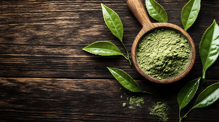 Poster - Green tea powder and leaf isolated on a wooden table