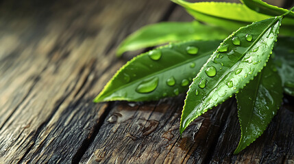 Poster - Green tea leaf with drops of water isolated on a wooden table