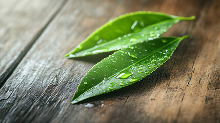 Aufkleber - Green tea leaf with drops of water isolated on a wooden table
