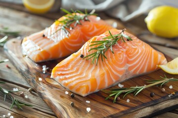 Fresh salmon steaks with rosemary and lemon on a cutting board