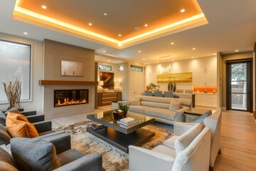 Stylish modern living room with contemporary furniture and warm lighting