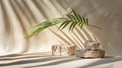 Wall Mural - Elegant product arrangement on stone with tropical palm leaves shadow, raw photo