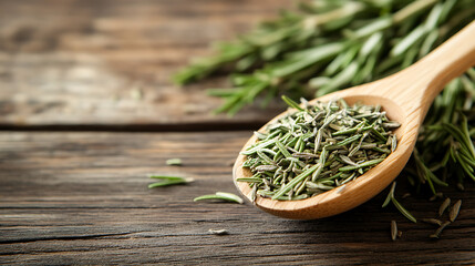Poster - Dried rosemary leaves in wooden spoon isolated on a wooden table