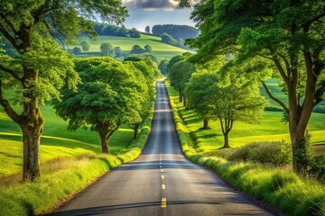 Symmetrical country road, lush green landscape, winding road, scenic countryside, nature