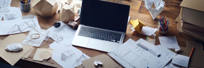 Aufkleber - A laptop sits on a wooden table cluttered with sketches, origami models, stationery, and design materials reflecting an artistic environment. Generative AI