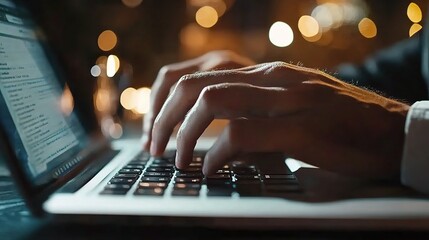 Poster - Focused Hands Typing on Laptop in Warm Lighting
