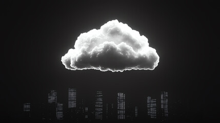 A glowing cloud dispersing data packets into storage nodes across a hightech city deployment flow cybernetic tone black and white