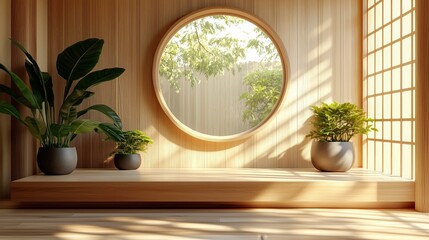 Poster - A wooden podium with a small round window and plants on it, creating an atmosphere of tranquility in the Japanese-style interior design