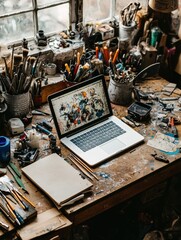 Aufkleber - A well-used workspace showcases a laptop surrounded by art supplies, tools, and paint splatters, reflecting the chaos of creativity. Generative AI