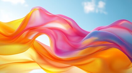 Poster - Abstract background with colorful waves of flowing fabric in motion against a blue sky, colorful abstract wavy shapes in pink and yellow colors