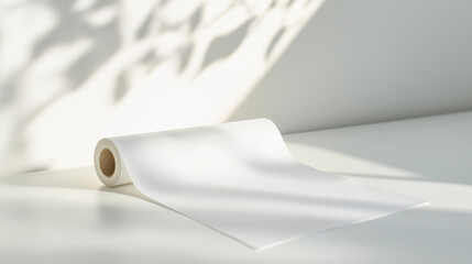 Poster - Buy Nothing Day concept,roll of white paper is laid out on a white surface,unfurling slightly. paper is illuminated by bright sunlight,which casts shadows of leaves onto wall behind it,copy space