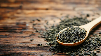 Poster - dry green tea in wood spoon isolated on a wooden table