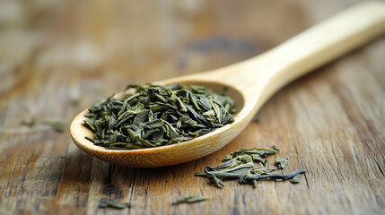 Poster - dry green tea in wood spoon isolated on a wooden table