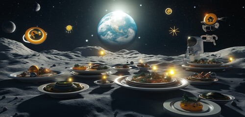 Wall Mural - A Christmas feast setup on the moon, with futuristic dishes floating in anti-gravity around a table. Alien and astronaut symbols decorate plates.