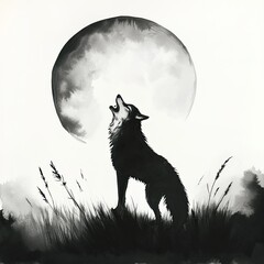 Wall Mural - A Wolf Howling at the Moon in a Watercolor Illustration