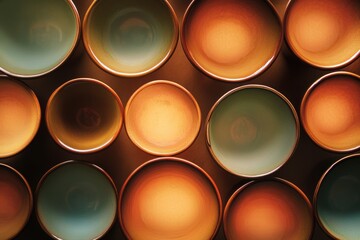 Aufkleber - Circular tea cups in warm brown and green tones are beautifully arranged on a wooden surface, inviting for a tranquil tea time experience. Generative AI