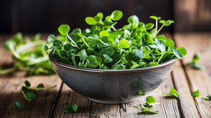 Poster - Watercress in bowl isolated on a wooden table