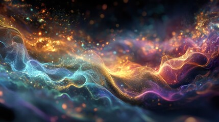 Poster - A vibrant display of cosmic waves forms an enchanting spectacle filled with shimmering colors and soft luminous trails. Generative AI