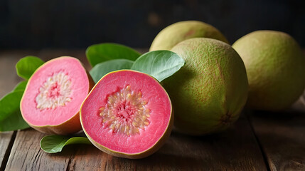 Poster - Pink Guava fruit isolated on a wooden table