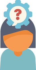 Poster - minimalist flat vector illustration of a woman thinking with a question mark inside a gear wheel abo