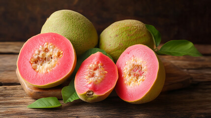 Poster - pink guava fruit isolated on a wooden table