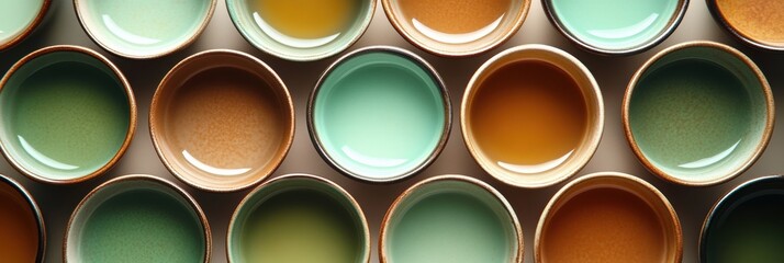 Aufkleber - These beautifully arranged tea cups in warm brown and green tones invite relaxation and conversation during a peaceful afternoon with friends. Generative AI