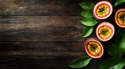 Aufkleber - passion fruit with leaf top view isolated on a wooden table