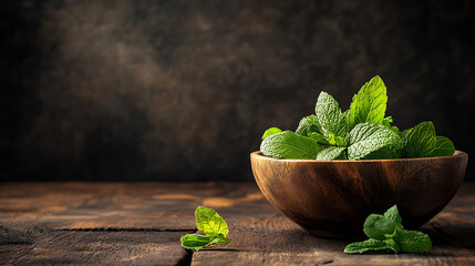 Poster - mint leaf in the bowl isolated on a wooden table