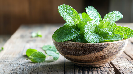 Poster - mint leaf in the bowl isolated on a wooden table