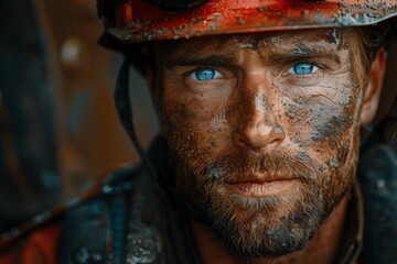 close up of a rugged construction worker with blue eyes and red helmet