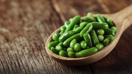 green bean in wood spoon isolated on a wooden table