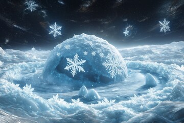 Wall Mural - A frozen planet within the Snowflake Galaxy, surrounded by a swirling ring of snowflake-shaped asteroids. 