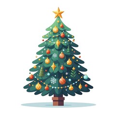 Flat, isolated illustration of a festive Christmas tree adorned with colorful ornaments, lights, and a shining star on top. The tree has a classic triangular shape and vibrant green branches. 